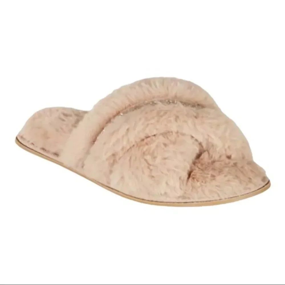 INC Mocha Frappe Cream Faux-Fur Crossband Slippers Women's Small 5-6 New